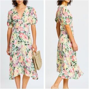 Faithfull The Brand Marie Louise Midi Dress In Vennisa Floral Yellow XL US 10